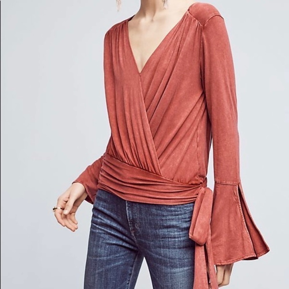 Anthropologie Deletta Blouse Sirpo Faux Wrap Trumpet Bell Sleeve Side Tie Red S